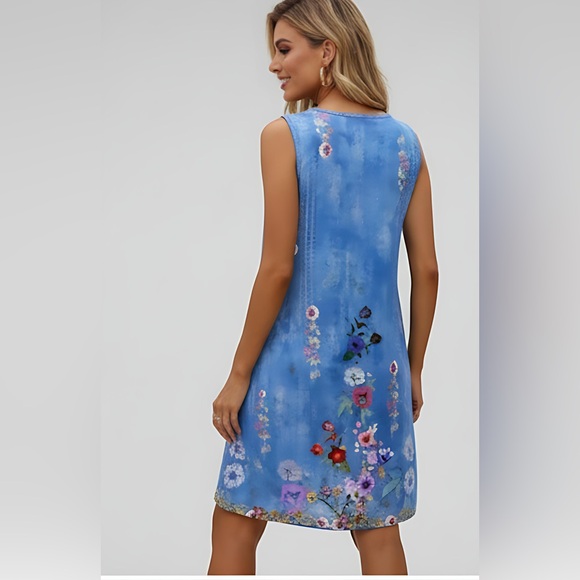 Blue Boho Floral Print Mini Dress - Picture 3 of 9